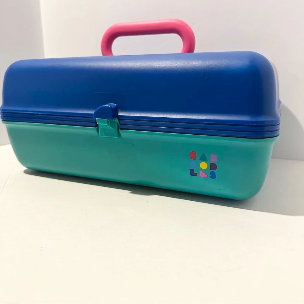 Vintage Cali Caboodle Blue Teal Pink Makeup Case Organize Sliding Tray 2602